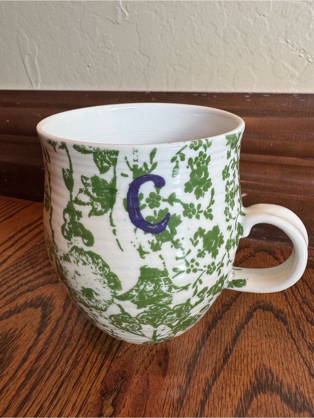 Anthropologie Heirloom Monogram Coffee Mug “C” White and Green